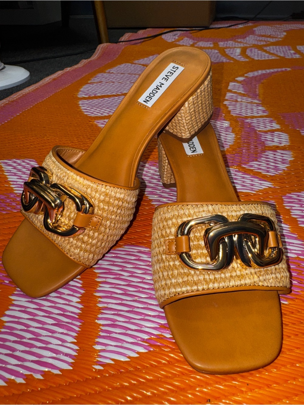 Steve Madden Tan Woven Slide Heels with Gold Chain Accent